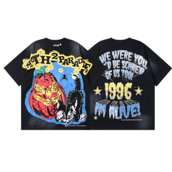 Hellstar Washed Retro Trendy Print Short-Sleeve T-Shirt